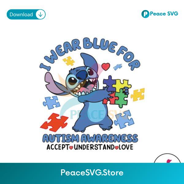 Free I Wear Blue For Autism Awareness Stitch Puzzle Piece Png Digital Download