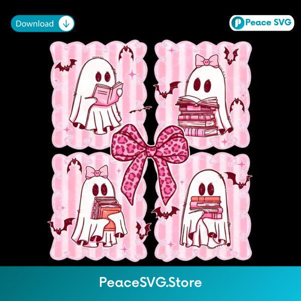 Bookish Ghost Librarian Pink Bow Halloween PNG