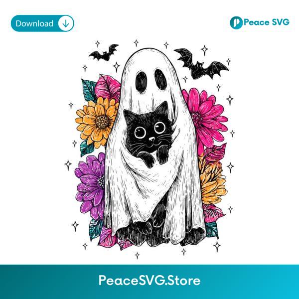Floral Ghost Black Cat Retro Spooky Halloween PNG