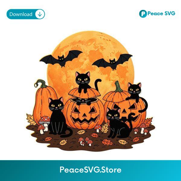 Retro Black Cat Pumpkin Full Moon Halloween Autumn Scene PNG