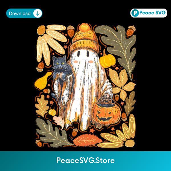 Retro Fall Ghost Black Cat Pumpkin Halloween PNG