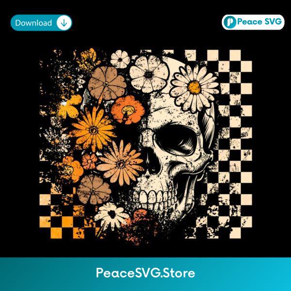 Retro Floral Checkered Grunge Halloween Skull PNG