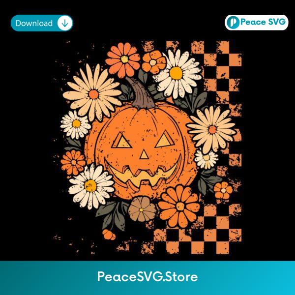 Retro Grunge Pumpkin Floral Checkered Fall Halloween PNG