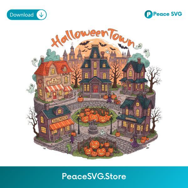 Spooky Pumpkin Town Halloween Retro Ghost Scene PNG